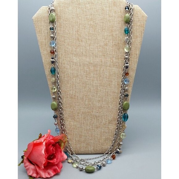 Premier Designs Silver Tone Multi Strand Chain Necklace Colorful Bead Stations - Picture 10 of 13